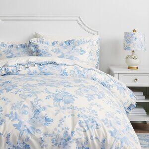 LoveShackFancy Pottery Barn Damask Ruffle Edge Duvet Full Queen Blue Floral New